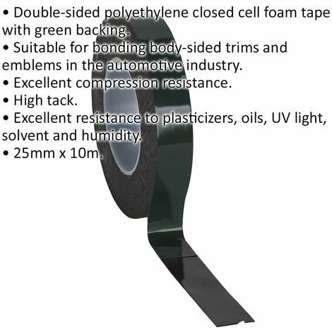25mm X 10m Double-Sided Adhesive Outdoor Foam Tape - Green Backed - High Tack 2 25mm X 10m Double-Sided Adhesive Outdoor Foam Tape - Green Backed - High Tack - Image 2